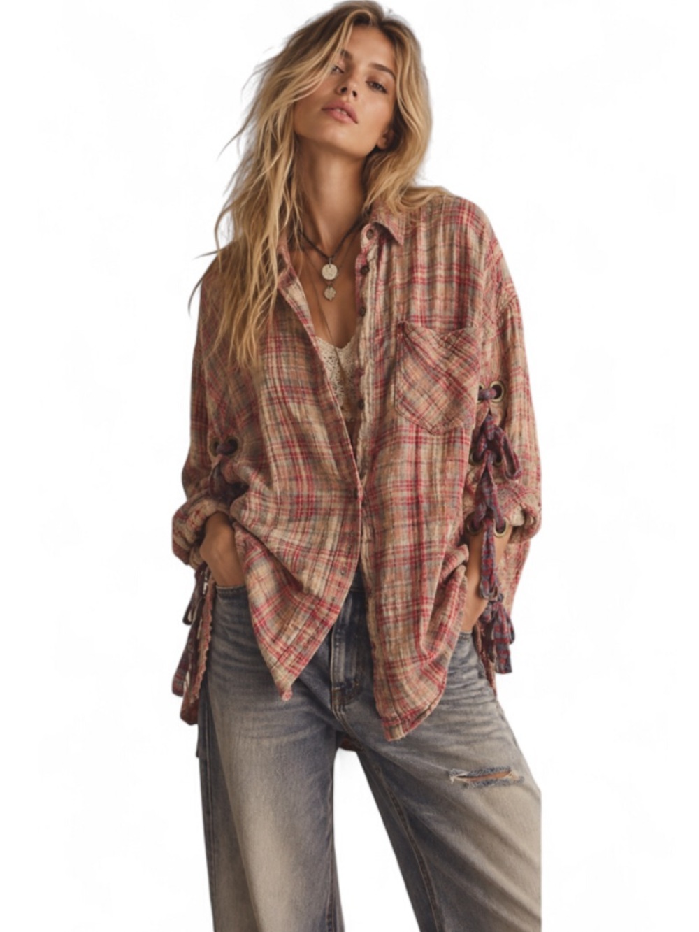 Free People Nordic Night Plaid Lace Up Gauze Shirt Boho Oversized
